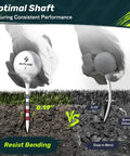 Image comparing Premium Pro Grade Plastic Golf Tees with others, showing bend resistance and optimal shaft performance.