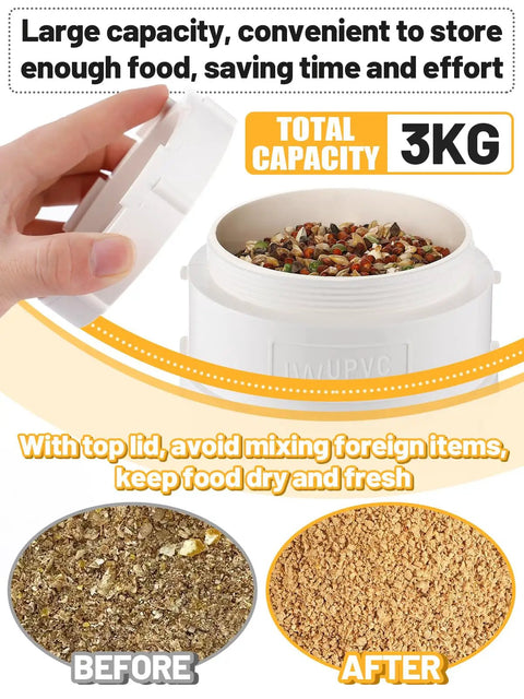 No Mess Automatic Chicken Feeder Designed To Slash Feed Costs Thickened Pvc Wall Mount Poultry Dispenser For Happy Flocks And Backyard Coops Quick Install Setup with 3kg capacity filled with feed.