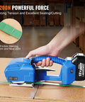 Top Shelf Portable Electric Strapping Machine For Smooth PP And PET Banding Operations With Dual Rechargeable Batteries And Clear Digital Screen For Zero Sweat Box And Pallet Packing Tasks, blue handle in use on cardboard.