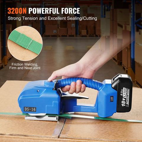 Top Shelf Portable Electric Strapping Machine For Smooth PP And PET Banding Operations With Dual Rechargeable Batteries And Clear Digital Screen For Zero Sweat Box And Pallet Packing Tasks, blue handle in use on cardboard.