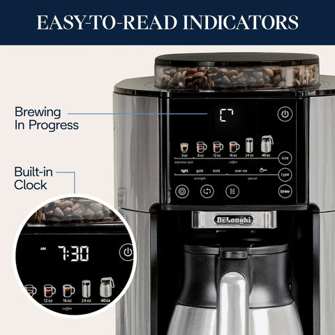 TrueBrew Drip Coffee Maker With Built-In Grinder And Bean Extract Technology showing control panel and easy-to-read indicators.