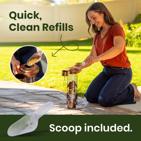 Woman refilling Squirrel-Proof Outdoor Bird Feeder That Delivers Mealworms And Seeds, Large 3-Pound Capacity, includes scoop.