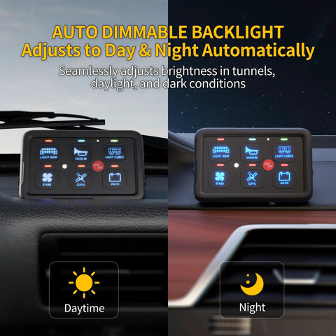 6 Gang RGB Backlit Rocker Switch Panel Kit With Control Box For 12V And 24V Vehicles showing day and night auto dimming feature
