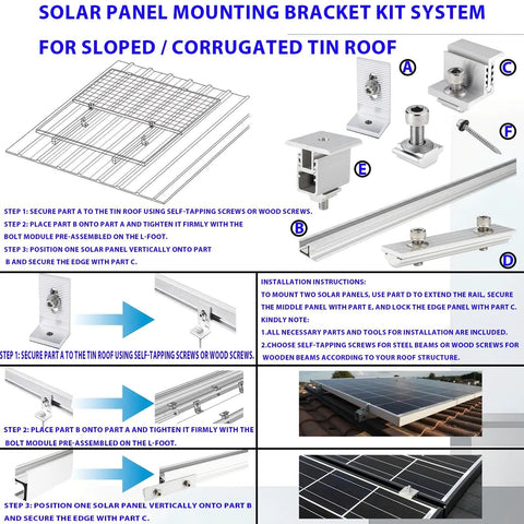 Solar Panel Mounting Bracket Kit System for Sloped/Corrugated Tin Roof, including rails, connectors, and installation steps.