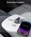 Compact USB-C Car Charger 67W 3-Port Fast Charger next to smartphone on car console, size dimensions shown.