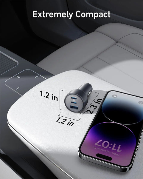 Compact USB-C Car Charger 67W 3-Port Fast Charger next to smartphone on car console, size dimensions shown.