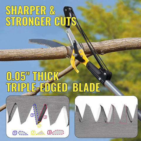 14.5Ft Pole Saw And Pruner 2-In-1 with saw blade cutting tree limb, showing 0.05" triple-edged blade design for stronger cuts