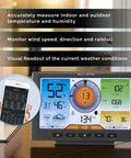 Five In One Home Weather Station With WiFi To Weather Underground Delivers Real Time Indoor Outdoor Temperature And Humidity, Wind Speed And Direction, Barometric Pressure, And Rainfall Black shows real-time data on a color display with phone app integration.