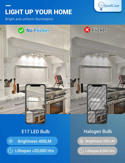 Comparison of E17 LED bulb and halogen bulb under stove hood; LED shows no flicker; focus keyword: Under Hood LED Bulbs For Microwave And Kitchen Appliances, 4W E17 6000K Daylight White, 40W Equivalent, Non Dimmable, Energy Saving Appliance Lighting For Refrigerator, Oven, Stove Hood, 2 Pack.