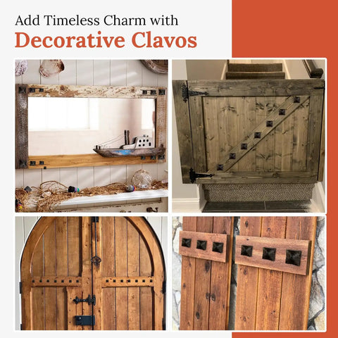 100 Pack 1 Inch Small Square Head Clavos Decorative Nails In Oil Rubbed Bronze displayed on farmhouse doors and gates.