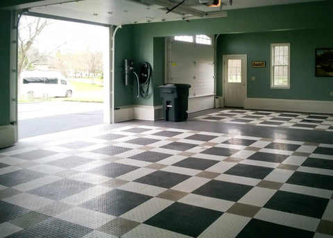 Interlocking Garage Floor Tiles Diamond Pattern Non Slip Heavy Duty Copolymer 12X12 Inch Modular Tiles 48 Pack Black in garage
