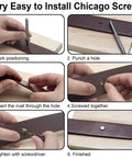 Very Easy to Install Chicago Screws process showing steps on leather, featuring No Fuss 50 Set Chicago Screws And Leather Rivets Kit.