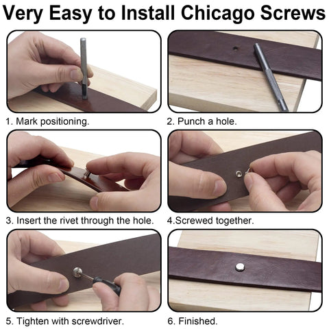 Premium 110 Set Chicago Screws And Leather Rivets Assorted Binding Fasteners For DIY Leather Craft installation process steps.