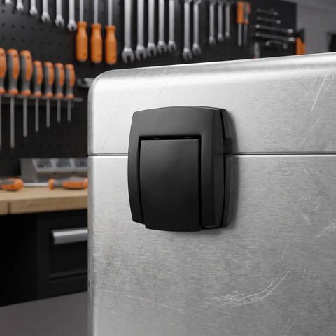 Black Alloy Box Latch Set 2 Pack Keyless Toggle Flatbottom Design on metal storage cabinet surface