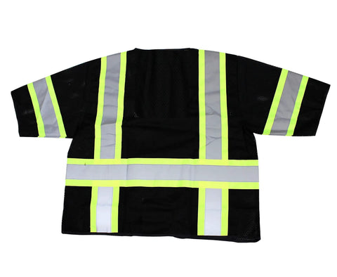 Real Deal Class Three High Visibility Safety Vest With Bold Reflective Tape Super Breathable Mesh Material Built Tough Storage Pockets Ansi Certified Job Site Essential For The Whole Foreman Crew Pack Black 5Xl back view showing reflective tape and mesh design.
