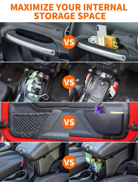 Comparative view of 4 Pack Center Console Organizer For Jeep Wrangler JK JKU 2011 2018 Automatic Transmission Black Interior