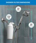 Dermatologist Recommended Shower Filter For Softer Skin And Healthier Hair With Ninety Percent Chlorine Reduction For Six Months High Pressure Chrome Wand Shower Head Model AQ 4105CHR with standard 1/2 inch fitting and dimensions.