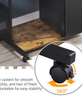 3 Tier Rolling Computer Desk With Keyboard Tray And Printer Shelf For Small Spaces Rustic Brown Mobile Home Office Workstation For Laptops And Desktops 31.5 Inch Long 20 Inch Wide 52 Inch High showing casters and lock feature