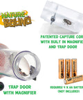 Bug Catcher Vacuum Kit With Light Up Habitat For Kids showing patented capture core, magnifier, trap door, and battery requirement.