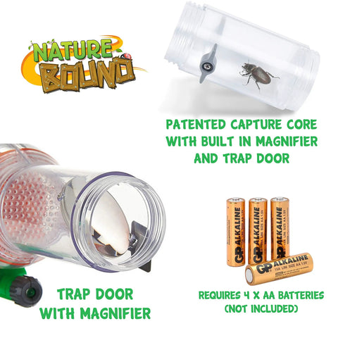 Bug Catcher Vacuum Kit With Light Up Habitat For Kids showing patented capture core, magnifier, trap door, and battery requirement.