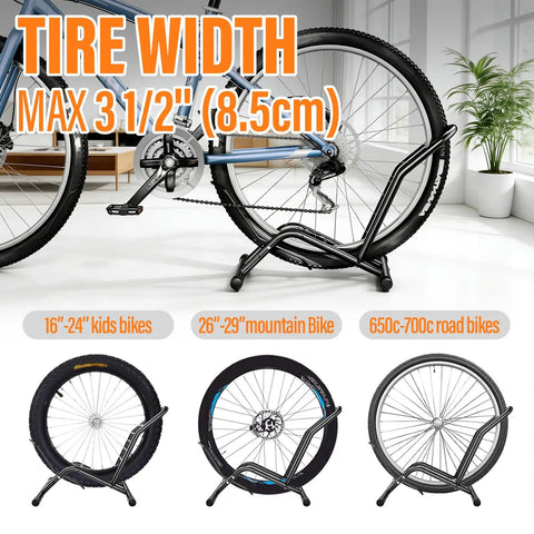 Push In Floor Bike Stand For 16 To 29 Inch Bikes No Lift Needed Easy Roll In Garage Parking Rack shown with 3.4 inch tire