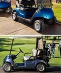 Two modern blue golf carts; one parked on pavement and one with golf bags on a course with golfers in the background.