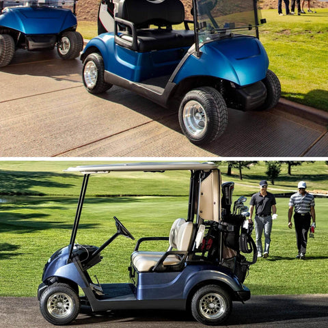 Blue electric golf carts on golf course and parking area