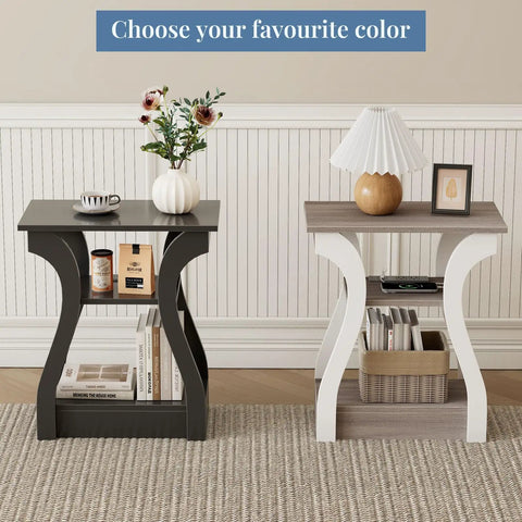Two Piece End Table With Built In Charging Station For Your Couch And Bedside Modern Curved Nightstand Set Of Two Two AC Outlets USB Port Type C Port About Five Foot Power Cord Three Tier Open Storage, black and white, 3-tier wood finish