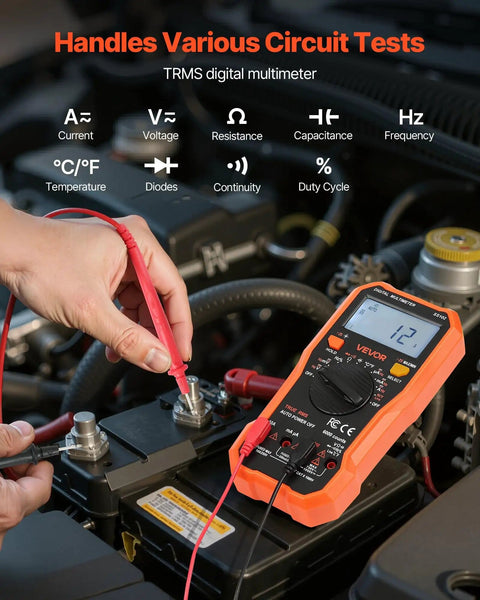 All In One Digital Multimeter TRMS 6000 Count DC AC Voltmeter And Current Tester With NCV Temperature Diodes Continuity in use on car battery
