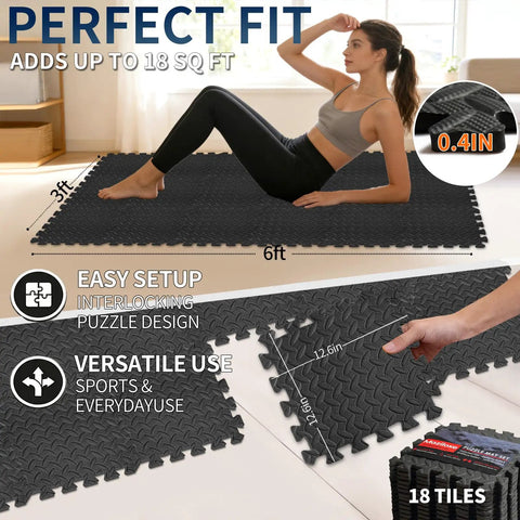 Interlocking EVA Foam Gym Mats Set 18 Pieces For Home Gym And Garage, 12.6 By 12.6 Inch Puzzle Floor Tiles, anti-slip, in use