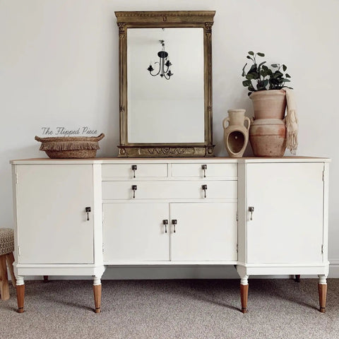 Vintage dresser painted with Drop Cloth Chalk Mineral Paint For Furniture In Matte Linen White 16 Oz Easy DIY Chalk Finish.