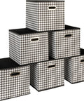 6-Pack Foldable Fabric Storage Bins featuring Fresh Houndstooth Pattern Reinforced Sides Closet Cubes for Nurseries and Kids Rooms White Black Non-Woven Material for Clothes and Toys stacked in a stylish arrangement.
