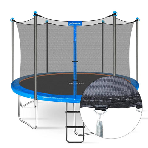 Top Shelf 14 Foot Trampoline Enclosure Net With Universal Replacement Safety Mesh And Rust Resistant Galvanized Steel Poles Built Damn Tough For Killer Backyard Bounce Nights with safety net and poles.