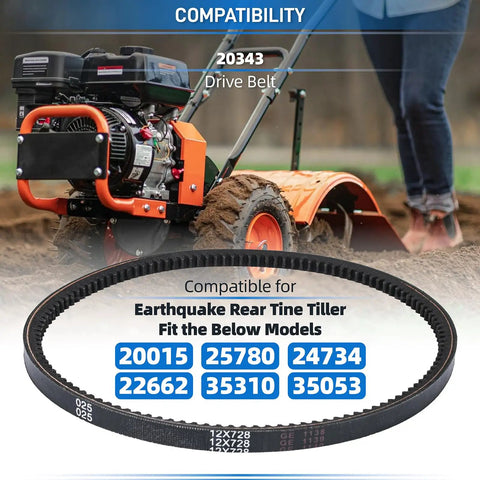 Beefed Up Drive Belt For Rear Tine Tillers 12 X 728 Type 4L Tooth Replacement shown with Versa Tiller and Earthquake models