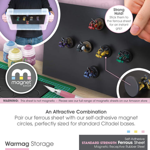 Display of Magnet Receptive Sheets With Adhesive Backing holding miniatures for crafting and storage, 5 pack, 30 mil thickness