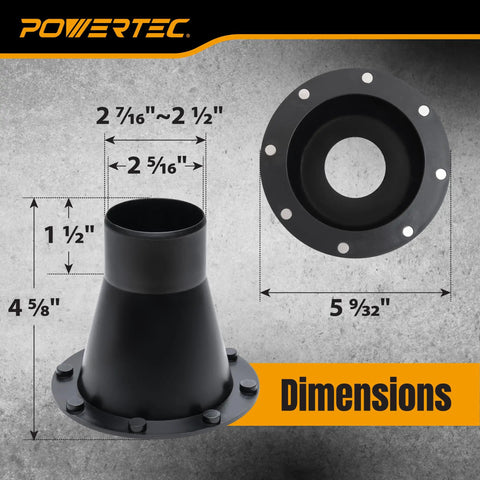 Powertec 4 Inch To 2-1/2 Inch Magnetic Dust Collection Connector With Eight Rare Earth Magnets dimensions display on a gray background.