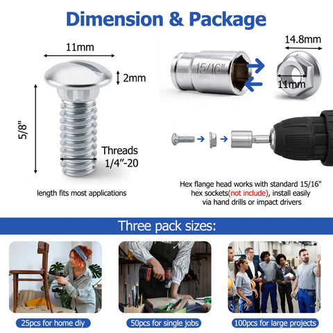 Heavy Duty Garage Door Track Bolt Kit Quarter Twenty Five Eighth Inch Hex Washer Head Screws with detailed dimensions and tools for installation.
