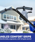 Close-up of Boss Pro Grade Salt Spreader for Ice Melt handles showing angled comfort grips and lever control.