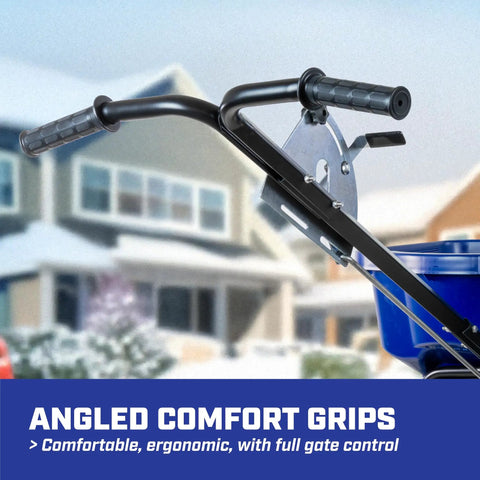 Close-up of Boss Pro Grade Salt Spreader for Ice Melt handles showing angled comfort grips and lever control.