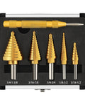 Titanium Coated Step Drill Bit Set Five Piece With Automatic Center Punch, high speed steel, aluminum case, various sizes.