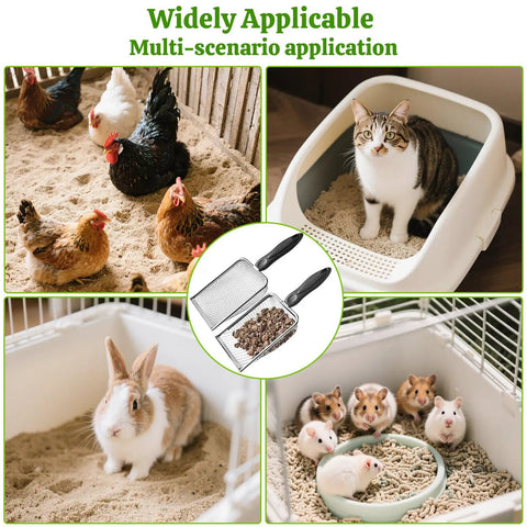 2 Pack Heavy Duty Chicken Poop Scooper With Dual 3.8mm And 5mm Mesh Sizes, Metal Coop Rake And Scoop Tool For Cleaning Poop, Sand Sifting, Litter, And Chicken Bedding used with chickens, cats, rabbits, and hamsters