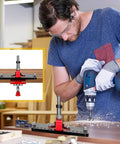 Man using Concealed Hinge Jig For Cabinet Doors 35mm Metal Pro Grade DIY Woodworking Tool Kit with precision drill on wood panel.