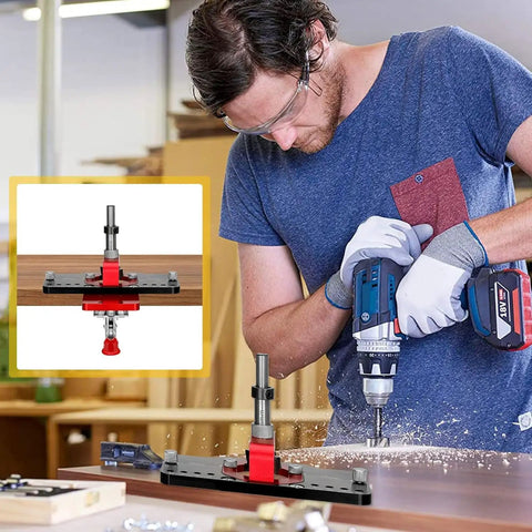 Man using Concealed Hinge Jig For Cabinet Doors 35mm Metal Pro Grade DIY Woodworking Tool Kit with precision drill on wood panel.