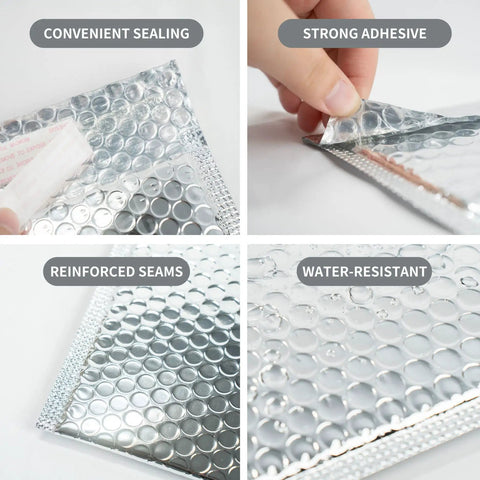 Fifty Pack 6x8 Inch Thermal Insulated Bubble Mailers For Cold Shipping with metallic silver and self-seal features