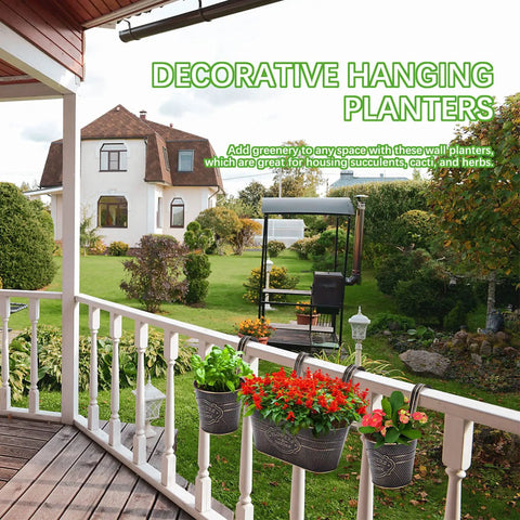 3 Pack Metal Railing Planter Boxes For Outdoors With 10.6 Inch Hanging Pots on a white balcony railing, front view.