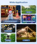 Image showcasing uses of an Outdoor Power Stake Timer With Six Outlets, 100 Feet Wireless Remote, Dusk To Dawn Sensor for lights.