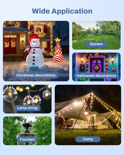 Image showcasing uses of an Outdoor Power Stake Timer With Six Outlets, 100 Feet Wireless Remote, Dusk To Dawn Sensor for lights.