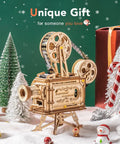 3D Wooden Puzzle Kit For Adults, 183 Piece Mechanical Model Build, Vintage Movie Projector Craft, Hand Crank Power, No Battery Required, Realistic Animations In Darkness, Sweet Gift For Adults 14 Plus displayed with holiday decor