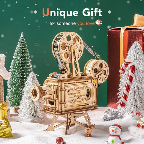 3D Wooden Puzzle Kit For Adults, 183 Piece Mechanical Model Build, Vintage Movie Projector Craft, Hand Crank Power, No Battery Required, Realistic Animations In Darkness, Sweet Gift For Adults 14 Plus displayed with holiday decor