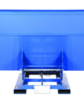 Built Like A Tank Steel Self Dumping Hopper With 6000 Lb Capacity And Three Cubic Yards For Loading Dry Bulk Materials Forklift Compatible Blue Bin, view from front with open end.